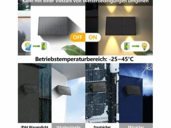 NETTLIFE Lámparas solares para exteriores - 4 apliques solares de pared para exteriores, luz blanca cálida Negro