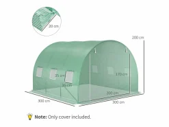 Lona de repuesto para invernadero túnel, PE resistente a los rayos UV, impermeable, con 6 ventanas y puerta enrollable, (300x300x200cm) Verde Outlet