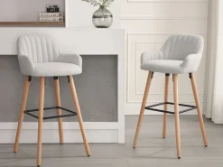 Vente-unique Lote de 2 taburetes de bar de tela y patas de madera de haya - - ELEANA Crema Outlet