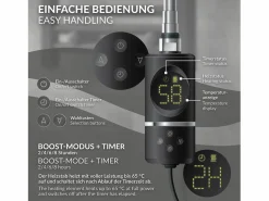 Toallero Eléctrico|Luxebath Elemento calefactor eléctrico 900W acero inoxidable negro para radiador con termostato y pantalla digital, regulador con modo temporizador