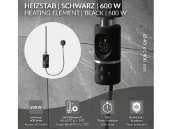 Toallero Eléctrico|Luxebath Elemento calefactor eléctrico 600W acero inoxidable negro para radiador con termostato y pantalla digital, regulador con modo temporizador