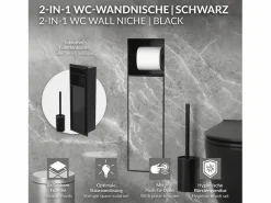 LuxeBath Módulo de armario empotrado para baño de acero inoxidable mate 60x20x10 cm con escobilla WC nicho de pared alicatable oculto encastrado Negro Hot