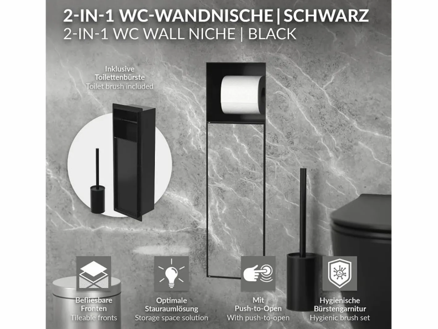 LuxeBath Módulo de armario empotrado para baño de acero inoxidable mate 60x20x10 cm con escobilla WC nicho de pared alicatable oculto encastrado Negro Hot