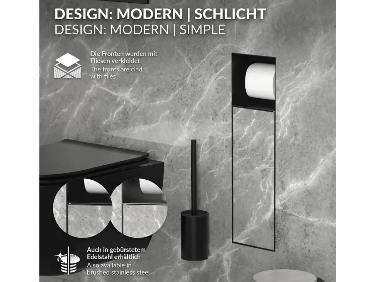 LuxeBath Módulo de armario empotrado para baño de acero inoxidable mate 60x20x10 cm con escobilla WC nicho de pared alicatable oculto encastrado Negro Hot