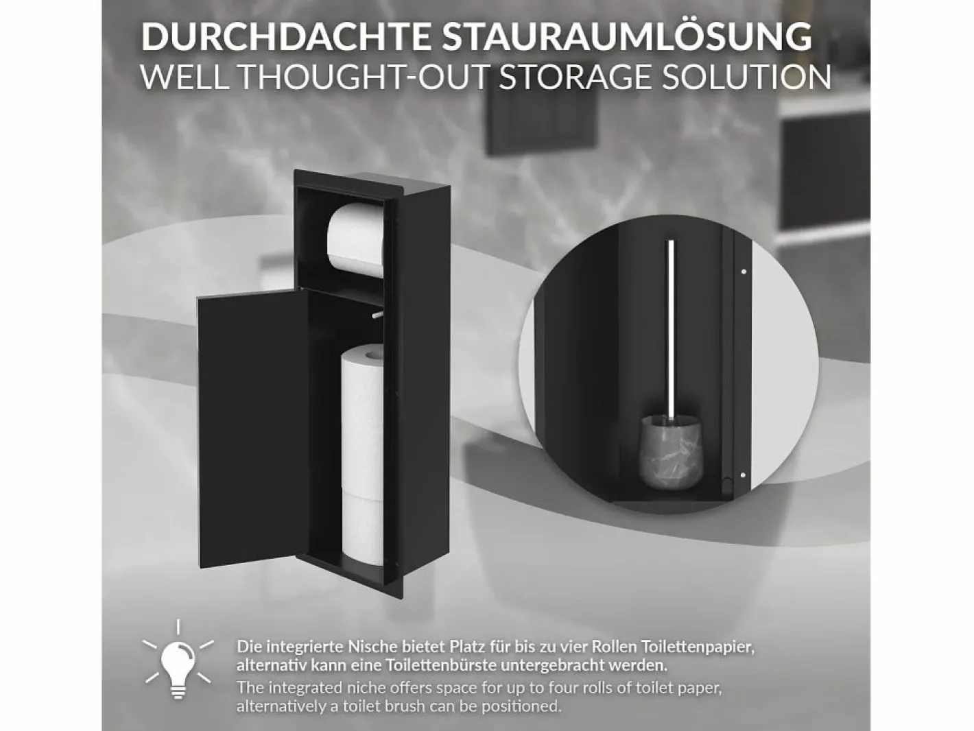 LuxeBath Módulo de armario empotrado para baño de acero inoxidable mate 60x20x10 cm con escobilla WC nicho de pared alicatable oculto encastrado Negro Hot