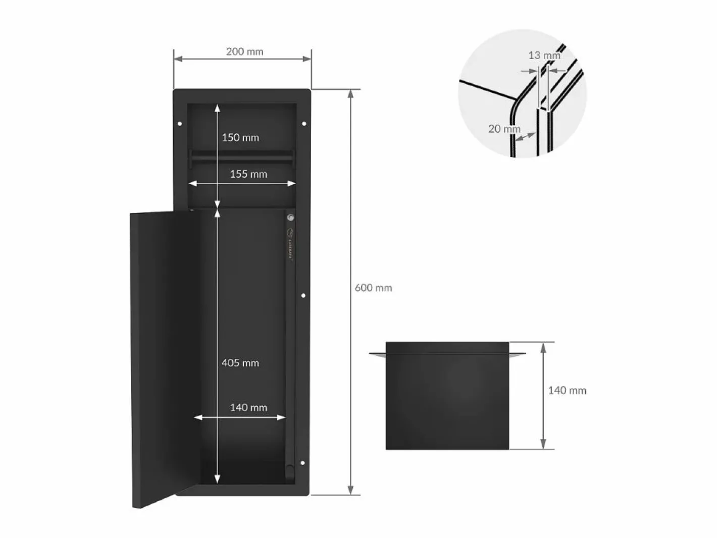 LuxeBath Módulo de armario empotrado para baño de acero inoxidable mate 60x20x10 cm con escobilla WC nicho de pared alicatable oculto encastrado Negro Hot
