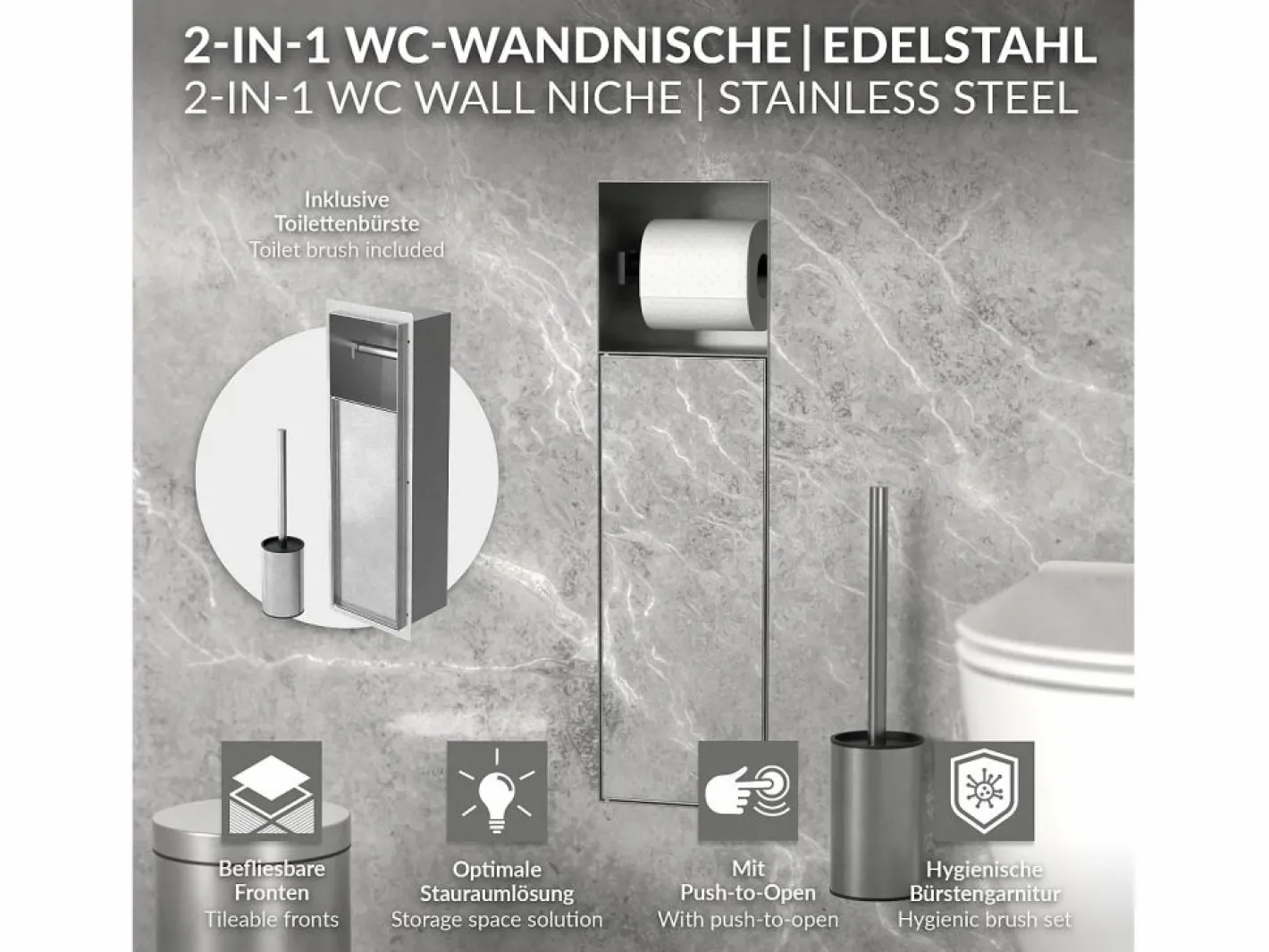 Módulo de armario empotrado para baño de acero inoxidable 60x20x10 cm con escobilla WC nicho de pared alicatable oculto encastrado^LuxeBath Clearance