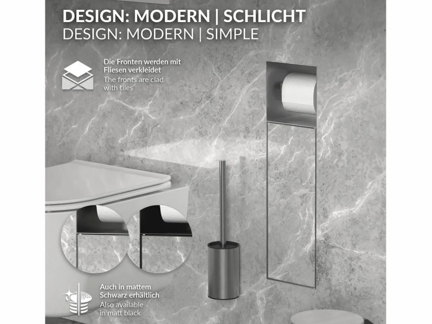 Módulo de armario empotrado para baño de acero inoxidable 60x20x10 cm con escobilla WC nicho de pared alicatable oculto encastrado^LuxeBath Clearance