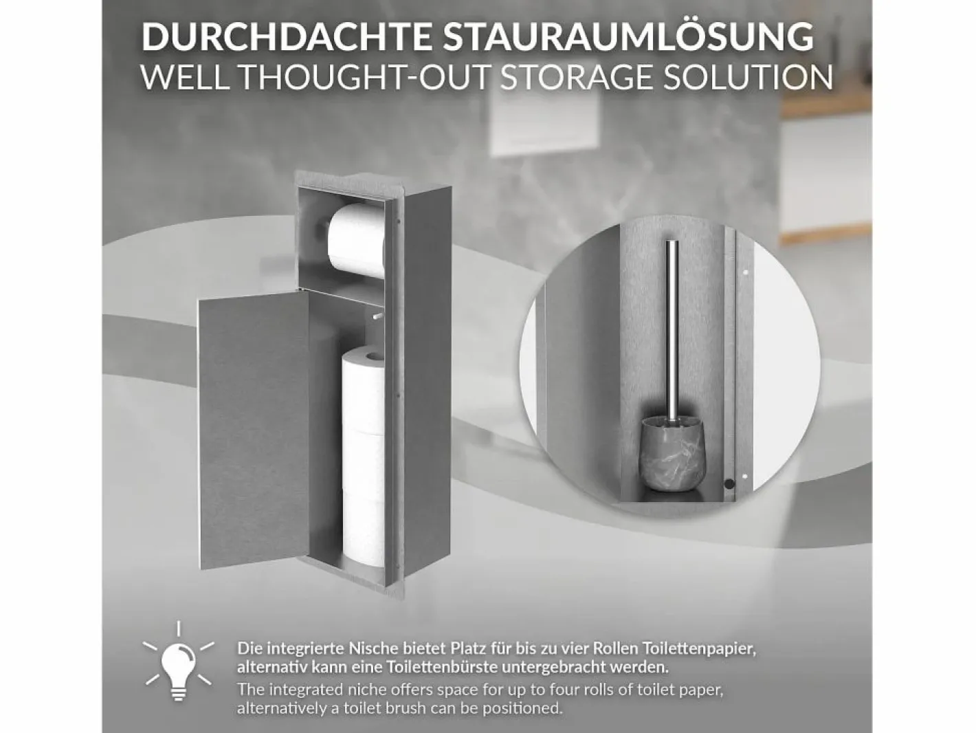 Módulo de armario empotrado para baño de acero inoxidable 60x20x10 cm con escobilla WC nicho de pared alicatable oculto encastrado^LuxeBath Clearance