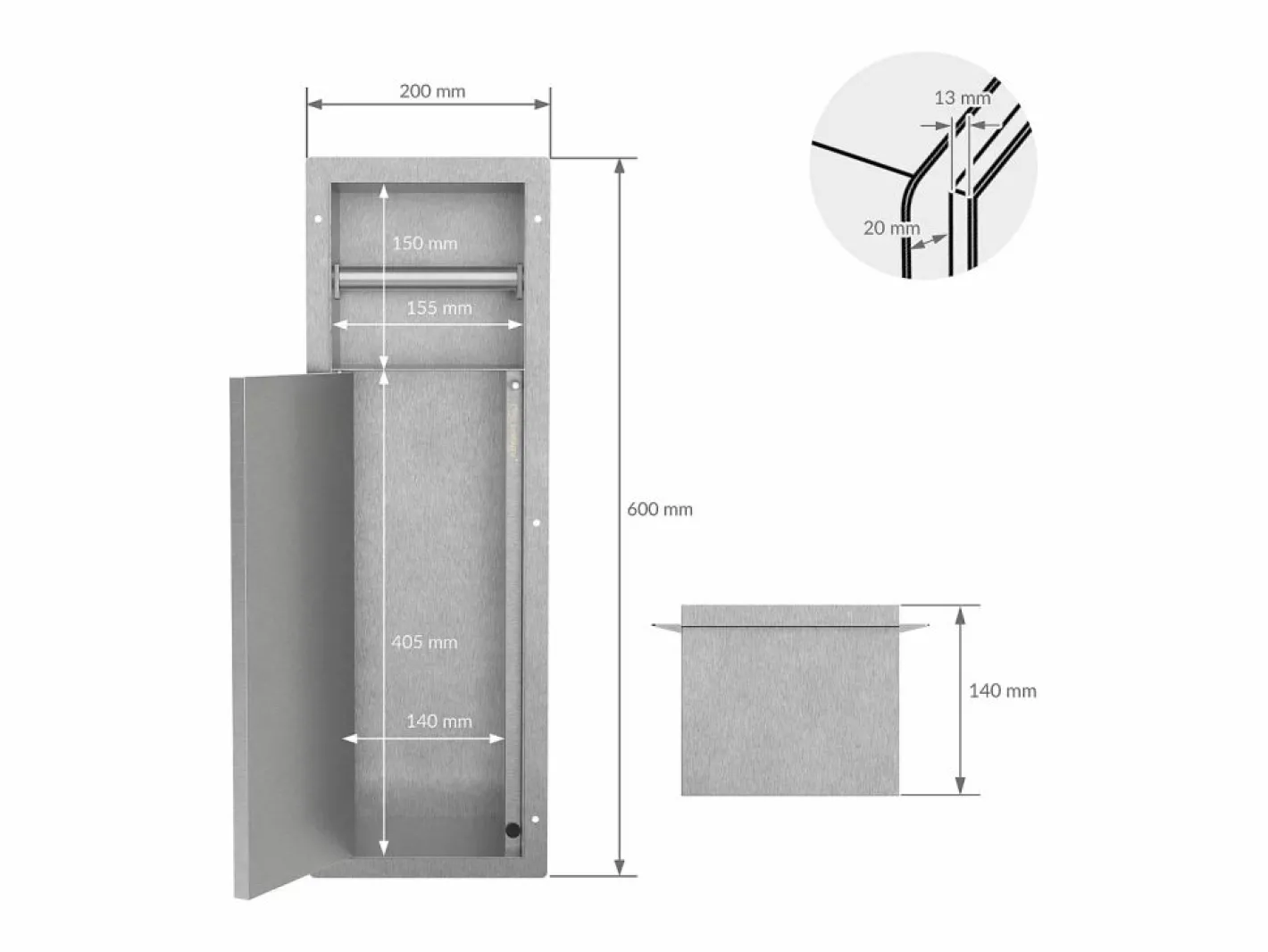Módulo de armario empotrado para baño de acero inoxidable 60x20x10 cm con escobilla WC nicho de pared alicatable oculto encastrado^LuxeBath Clearance
