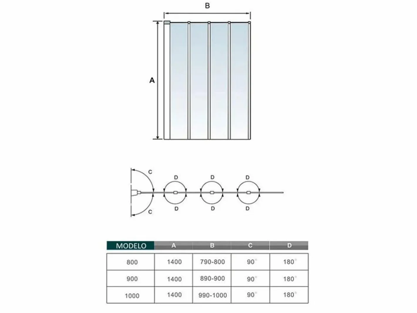 Mampara de bañera 4 hojas plegables vidrio templado 4mm perfil gris mate (890-900)x1400mm^Aica Sale
