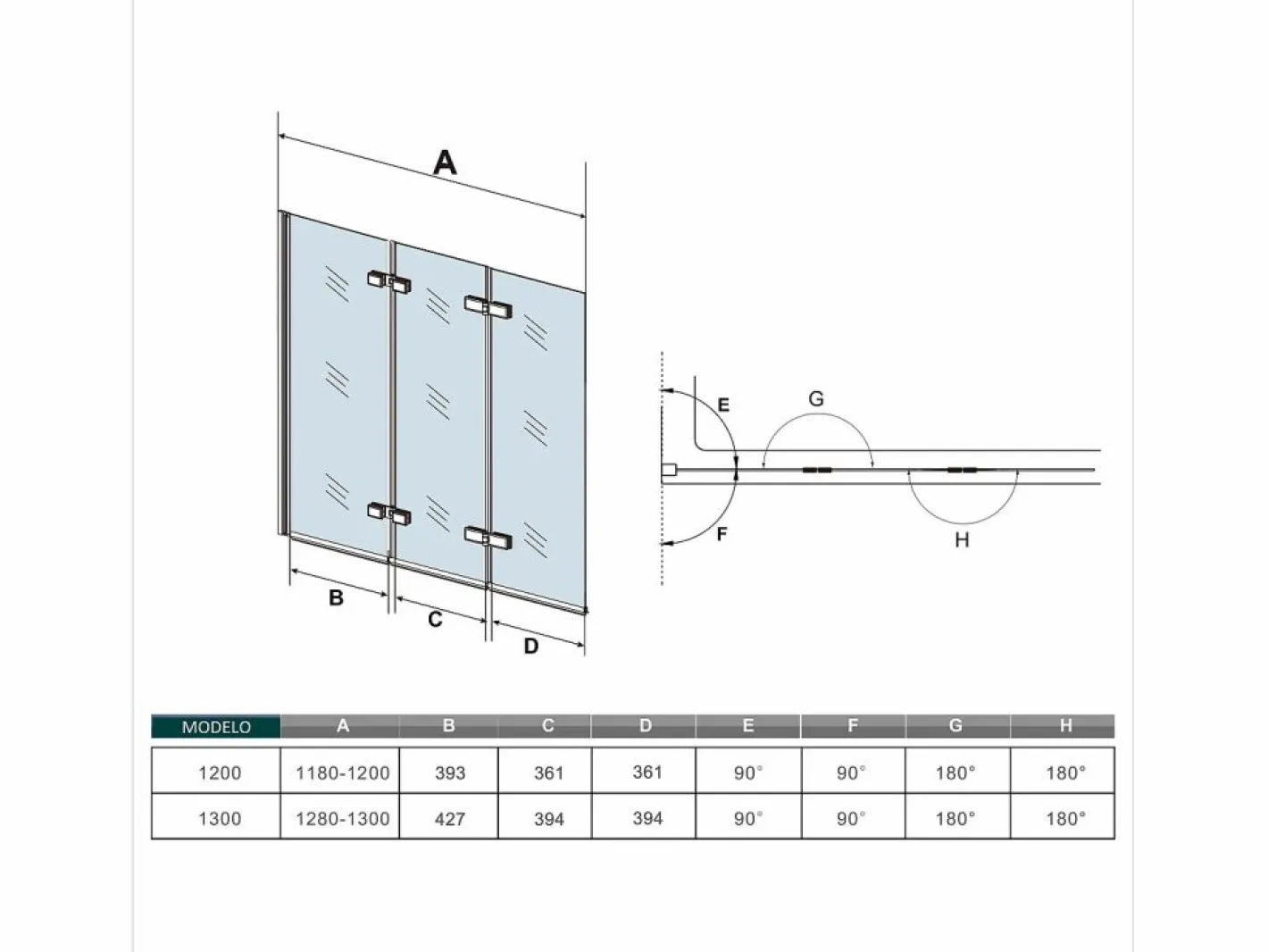 Mampara de bañera abatible 3 hojas cristal antical 6mm 3 veces plegable (1180-1200)x1400mm^Aica Clearance