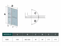 Mampara de bañera abatible-cristal templado 6 mm con 2 repisas y un toallero-(995-1000)x1400mm^Aica Outlet