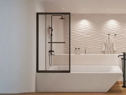 Shower & Design Mampara De Bañera|Mampara de bañera corredera negro mate con toallero - 100x140 cm - WAIMEA