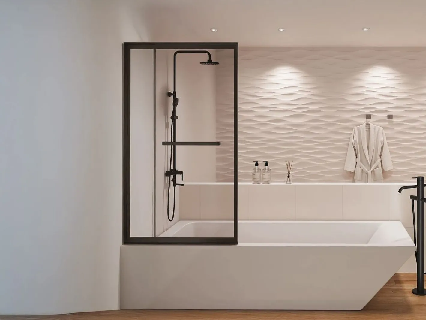 Shower & Design Mampara De Bañera|Mampara de bañera corredera negro mate con toallero - 100x140 cm - WAIMEA