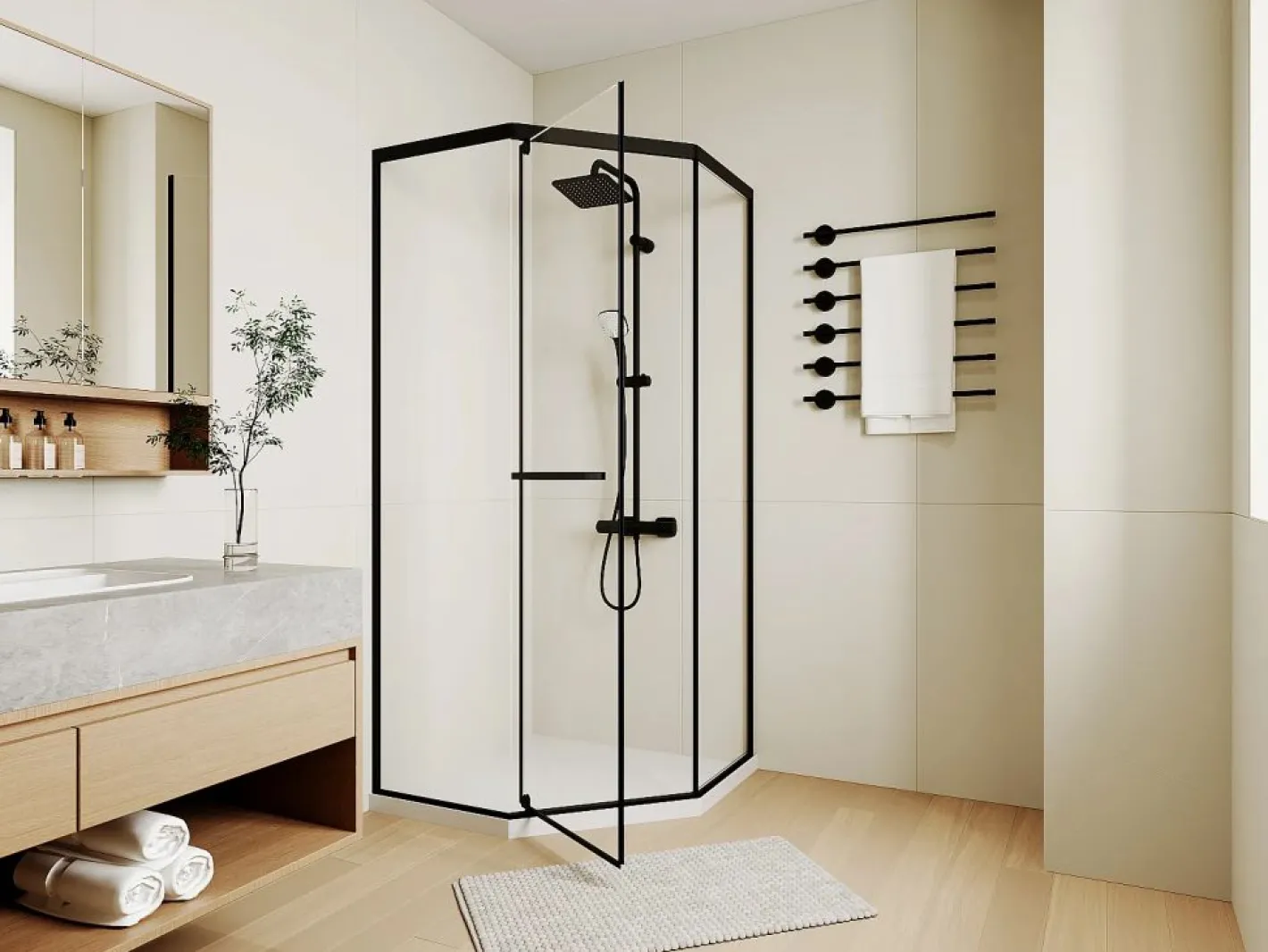 Mampara de ducha pentagonal con plato, mate, 90 x 90 x 195 cm CRISTELIO^Shower & Design
