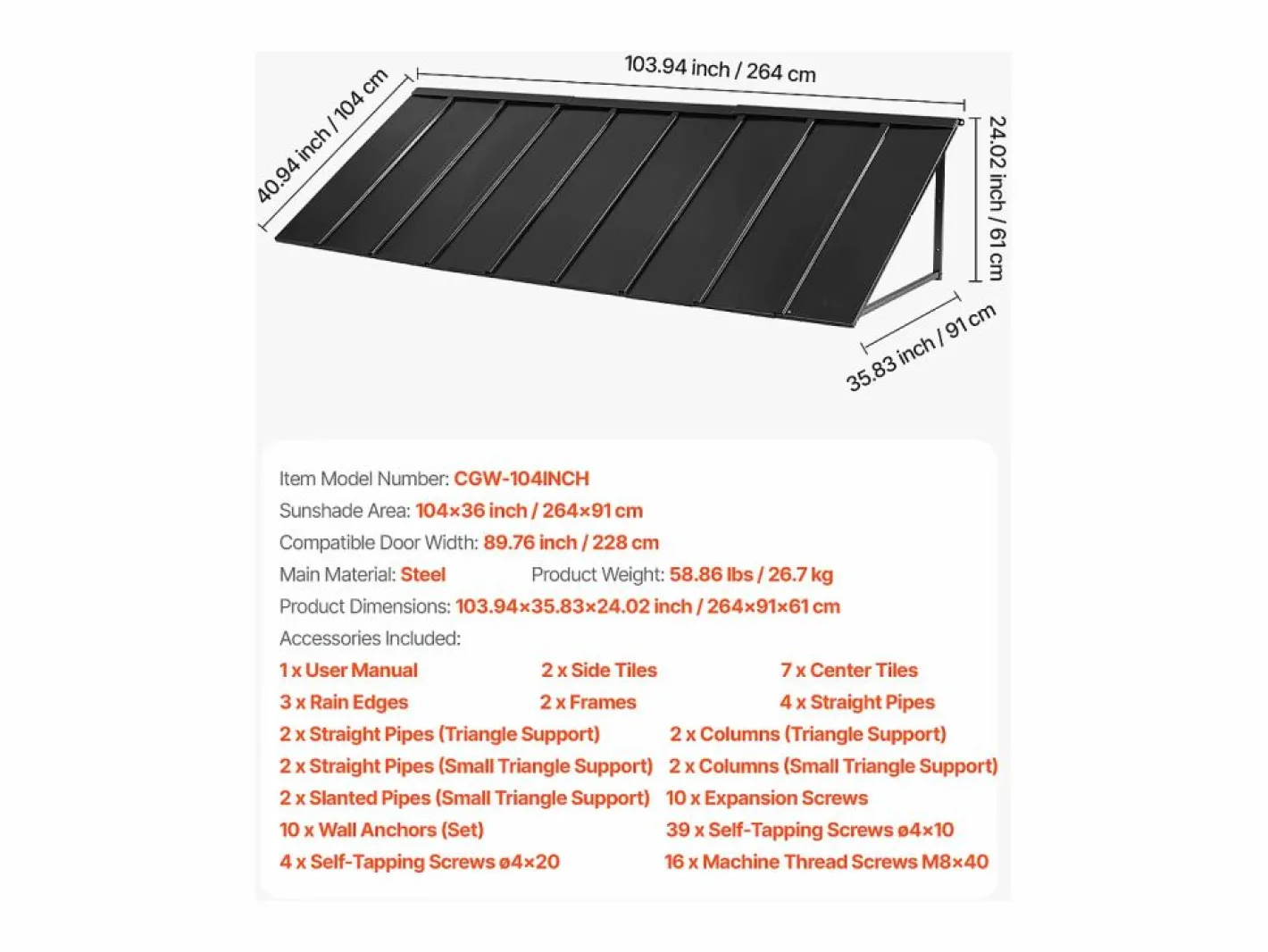 Marquesina|Marquesina SucceBuy para Puerta de Entrada, 264 x 91 cm, Exterior de Metal, Marco de Acero, para Puertas de Entrada, Porches y Balcones