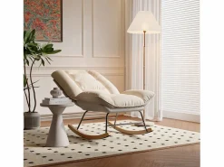 Mecedora - Patas de madera - Respaldo ajustable en 12 posiciones - Tejido técnico - Para salón y dormitorio - Beige^