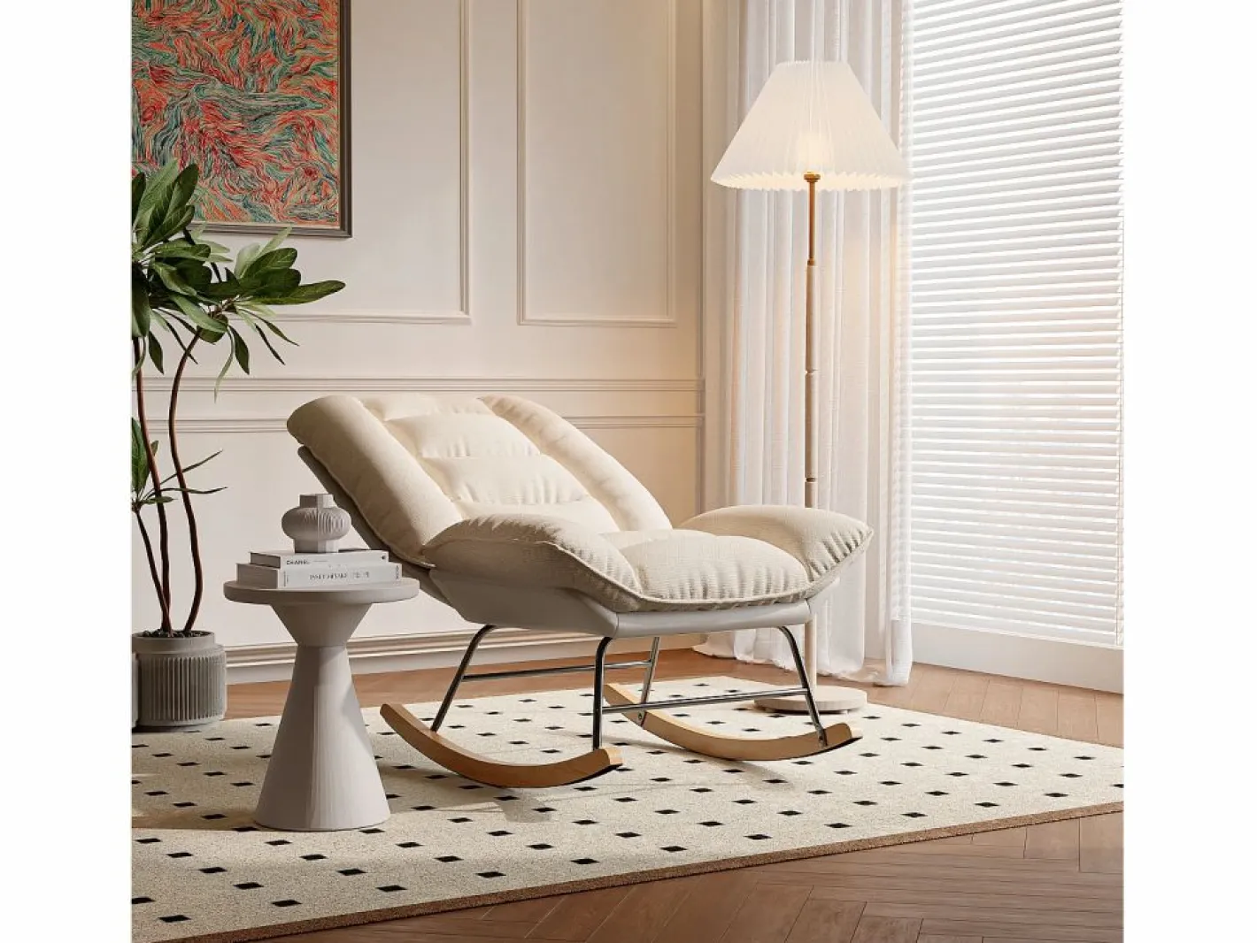 Mecedora - Patas de madera - Respaldo ajustable en 12 posiciones - Tejido técnico - Para salón y dormitorio - Beige^