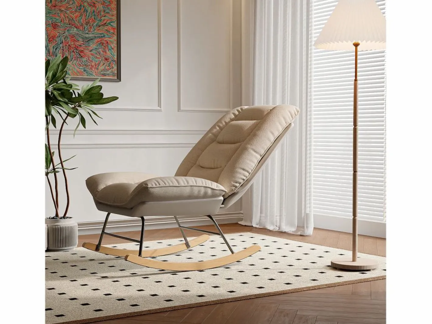 Mecedora - Patas de madera - Respaldo ajustable en 12 posiciones - Tejido técnico - Para salón y dormitorio - Beige^