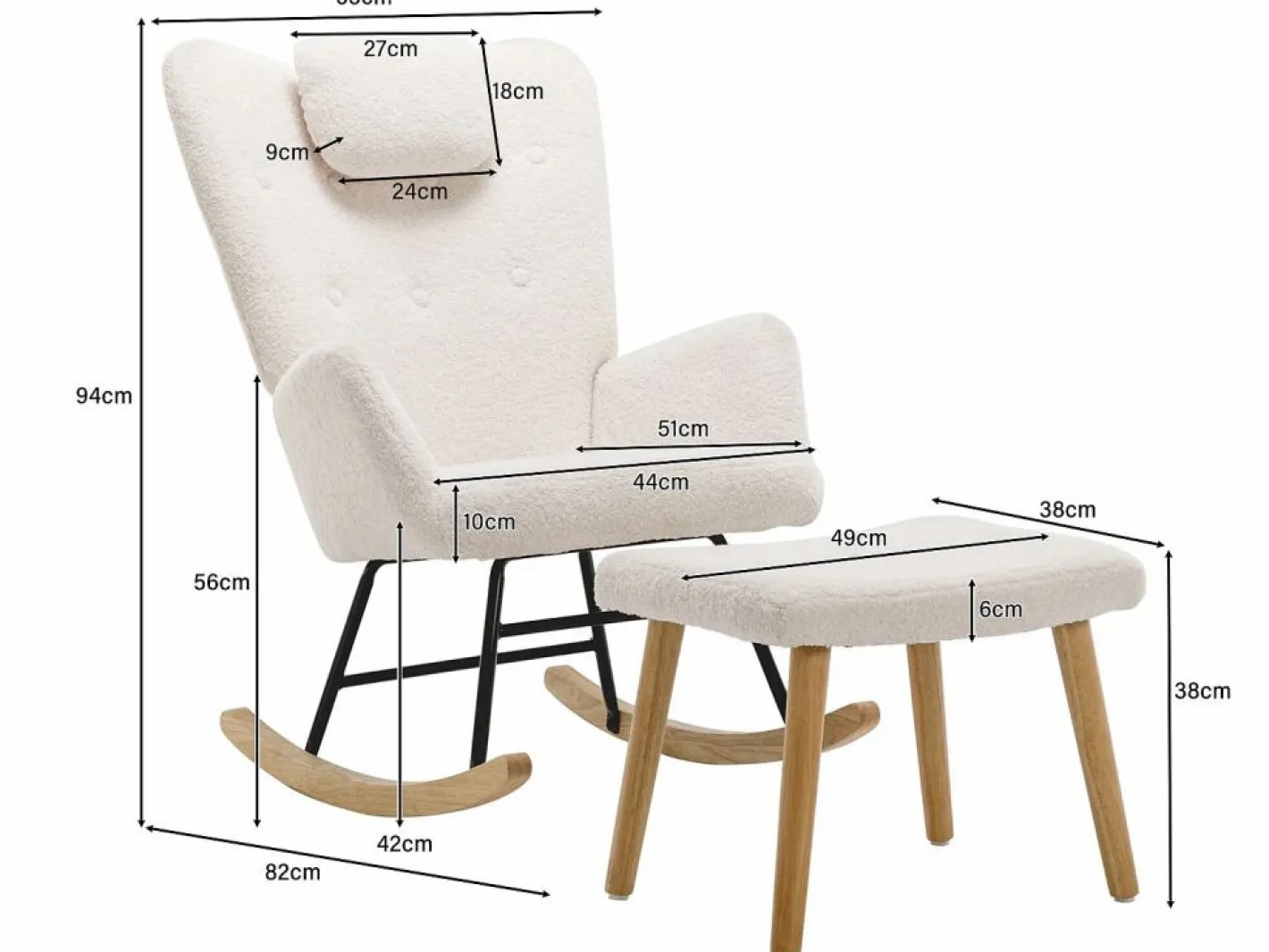 ModernLuxe Mecedora - sillón relax para salón - acolchado con felpa Teddy - con reposacabezas y reposapiés - base de madera - Blanco Online