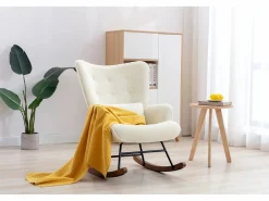 Sillón Balancín|Sillón De Piel|Mecedora Bebé Lactancia Mecedora en Tela Bouclette Mecedora Estilo Escandinavo en Madera de Caucho, Beige
