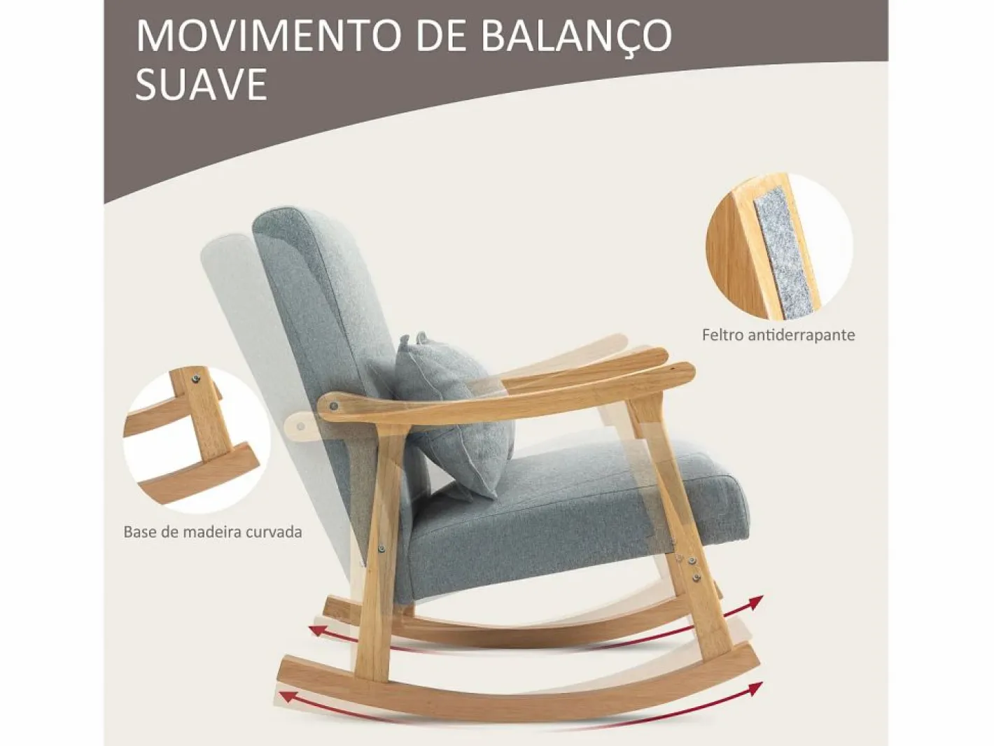 Homcom Sillón Balancín|Sillón Escandinavo|Mecedora Berta reposabrazos + cojín lumbar gris 84x65x87 cm