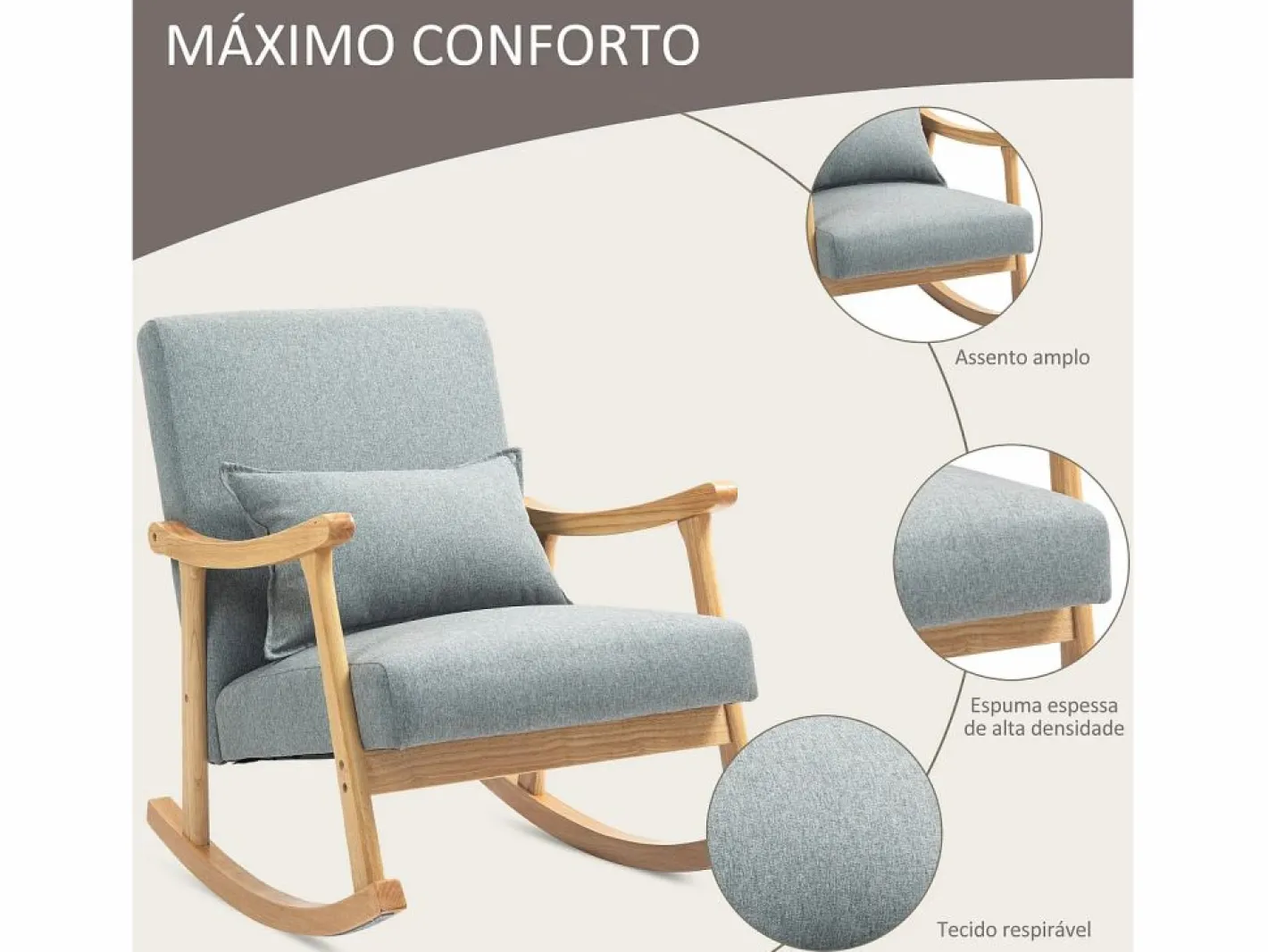 Homcom Sillón Balancín|Sillón Escandinavo|Mecedora Berta reposabrazos + cojín lumbar gris 84x65x87 cm
