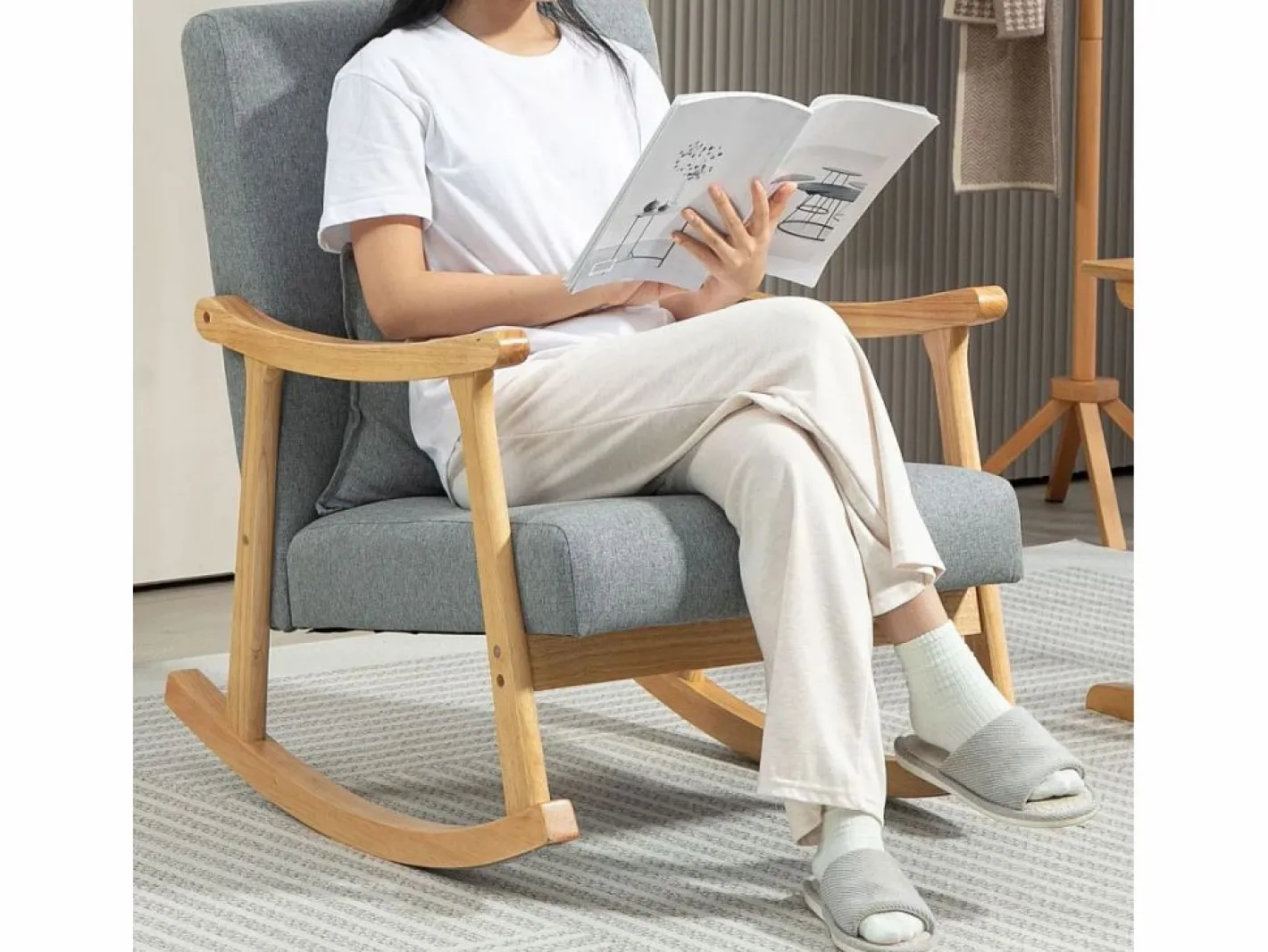 Homcom Sillón Balancín|Sillón Escandinavo|Mecedora Berta reposabrazos + cojín lumbar gris 84x65x87 cm