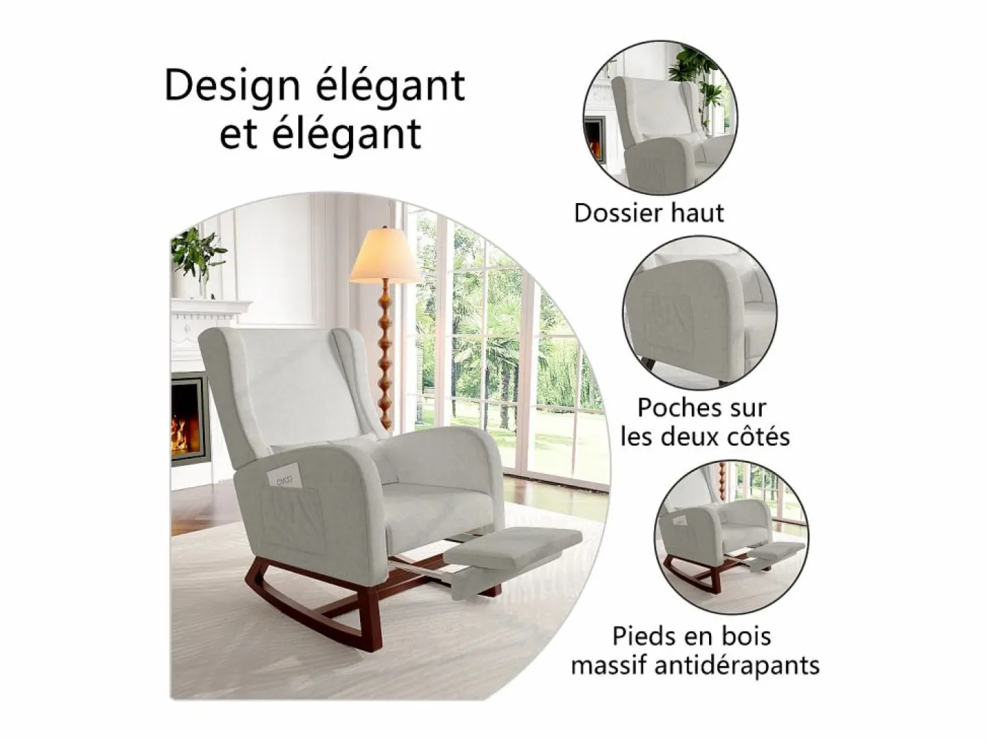 Mecedora con reposapiernas retráctil y respaldo alto de madera maciza - Mecedora para salón y dormitorio, carga hasta 150 kg -^ Clearance