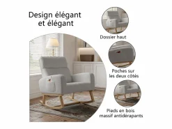 Sillón Balancín|Mecedora de lactancia con bolsillo lateral y reposabrazos, patas de madera, oscuro