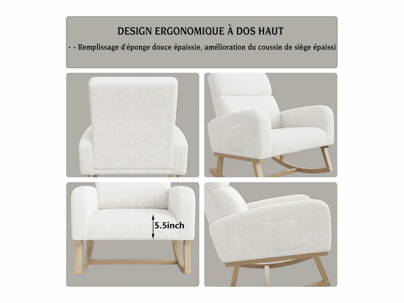 Mecedora de piel de cordero con 2 bolsillos laterales, asiento amplio y cómodo, color Blanco Hot