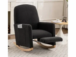 Mecedora de salón, felpa oscuro, Mecedora con reposapiés retráctil y estructura de madera^OKWISH Online
