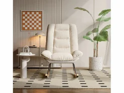 Sillón Balancín|Mecedora ergonómica con cojín beige y estructura gris, diseño moderno en tela/piel sintética.