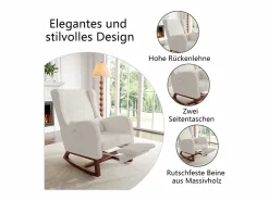 Mecedora, Mecedora con Reposapiés Retráctil, Mecedora de Madera Maciza con Respaldo Alto para Sala de Estar, Dormitorio, Hasta 150 kg - Beige Discount