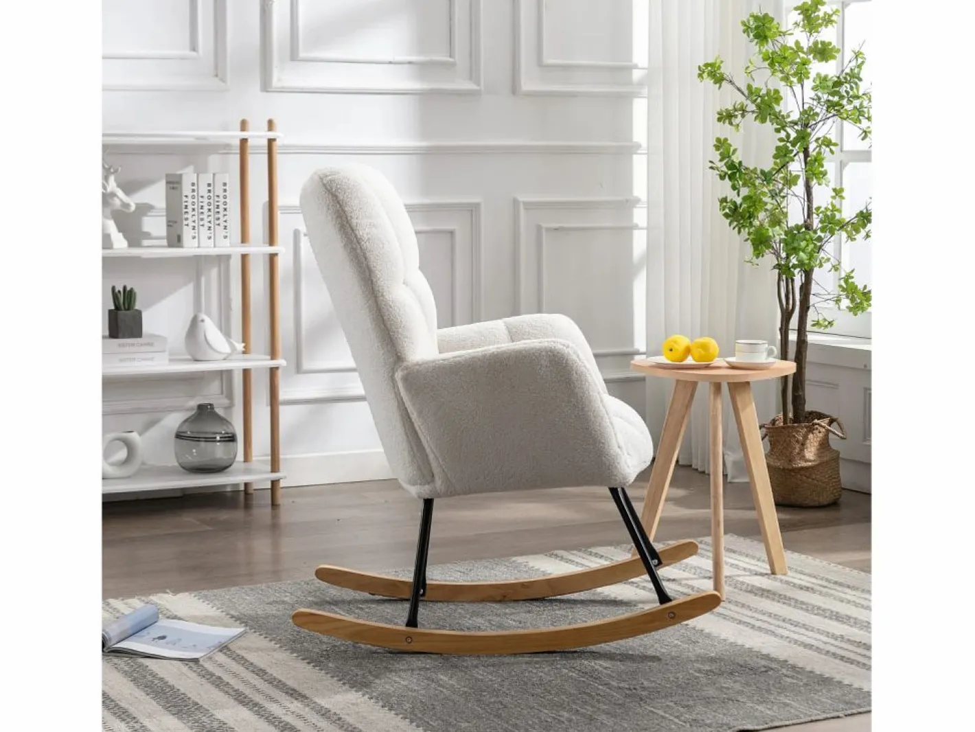 Mecedora moderna de felpa blanca con reposabrazos y respaldo, ideal para salón y dormitorio^OKWISH Sale