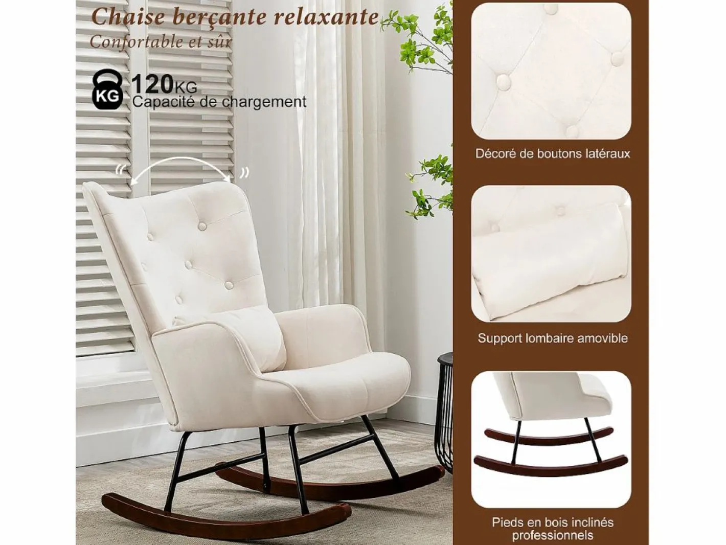 Mecedora moderna tapizada en terciopelo para sala de estar, con respaldo alto y patas de madera, color Beige New