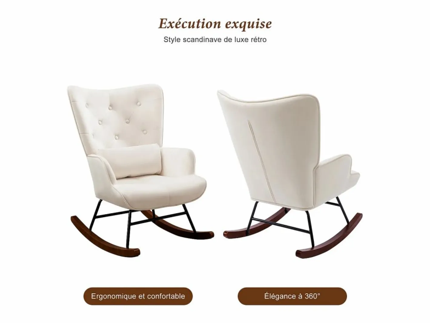 Mecedora moderna tapizada en terciopelo para sala de estar, con respaldo alto y patas de madera, color Beige New