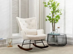 Mecedora moderna tapizada en terciopelo para sala de estar, con respaldo alto y patas de madera, color Beige New