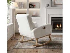 Mecedora, sillón relax, con bolsillos y patas de madera, terciopelo Teddy beige Blanco New
