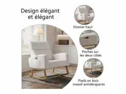 Mecedora, sillón relax, con bolsillos y patas de madera, terciopelo Teddy beige Blanco New