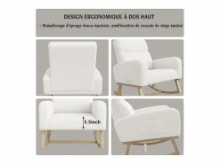 Mecedora, sillón relax, con bolsillos y patas de madera, terciopelo Teddy beige Blanco New