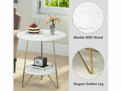 Tribesigns Mesa Auxiliar|Mesa auxiliar de mármol artificial de dos niveles, Mesa auxiliar redonda con estanterías, Mesa de noche moderna dorada, Blanca y dorada