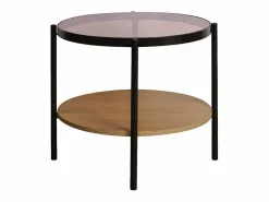 Mesa auxiliar redonda de cristal templado efecto madera y metal negro^Sweeek New