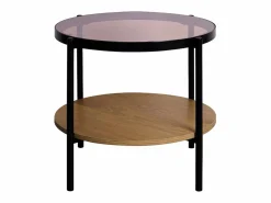 Mesa auxiliar redonda de cristal templado efecto madera y metal negro^Sweeek New