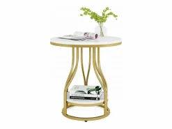 Mesa auxiliar redonda de dos niveles en oro , Mesa de noche moderna, Pequeña mesa auxiliar con estante de almacenamiento^Tribesigns New