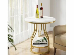 Mesa auxiliar redonda de dos niveles en oro , Mesa de noche moderna, Pequeña mesa auxiliar con estante de almacenamiento^Tribesigns New