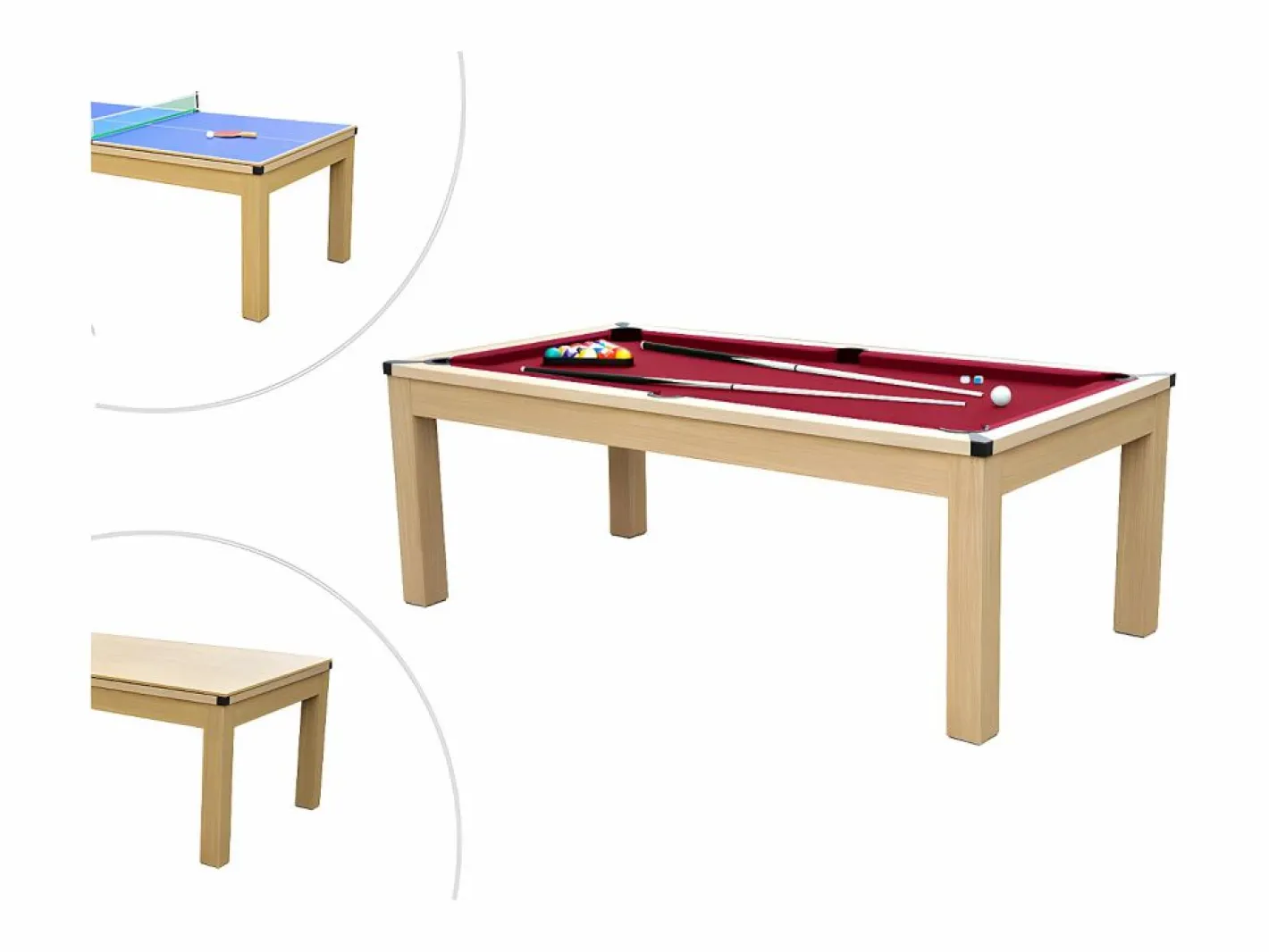 Vente-unique Mesa billar y ping-pong BALTHAZAR - 213x112x81.5 cm-rojo Rojo / Color natural claro Clearance