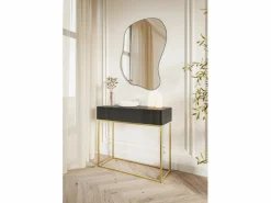 SELSEY Mesa consola con cajón - 90 cm - negra con patas de metal dorado - VELDIO Negro