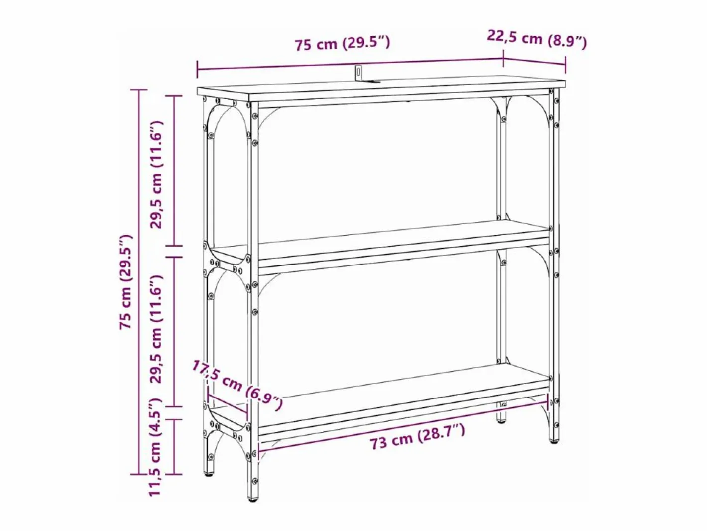 Clicnbuy Mesa Consola con estante Roble 75 x 22.5 x 75 cm Negro Outlet